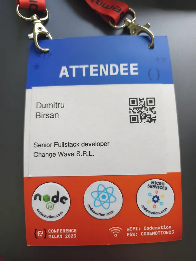 My attendee badge at Codemotion Milan